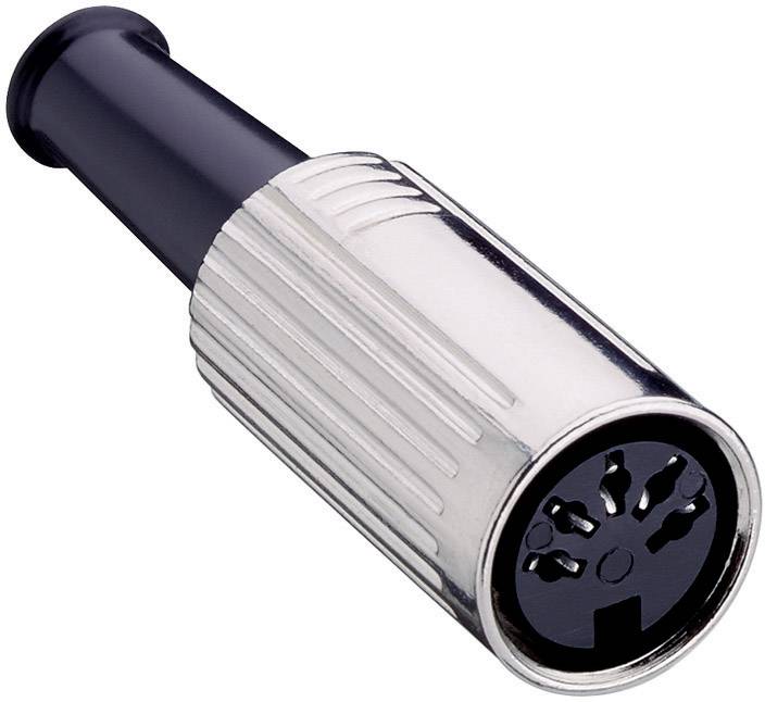Une fiche DIN noir et argent à cinq broches, utilisée dans les appareils électroniques pour les connexions audio et vidéo.