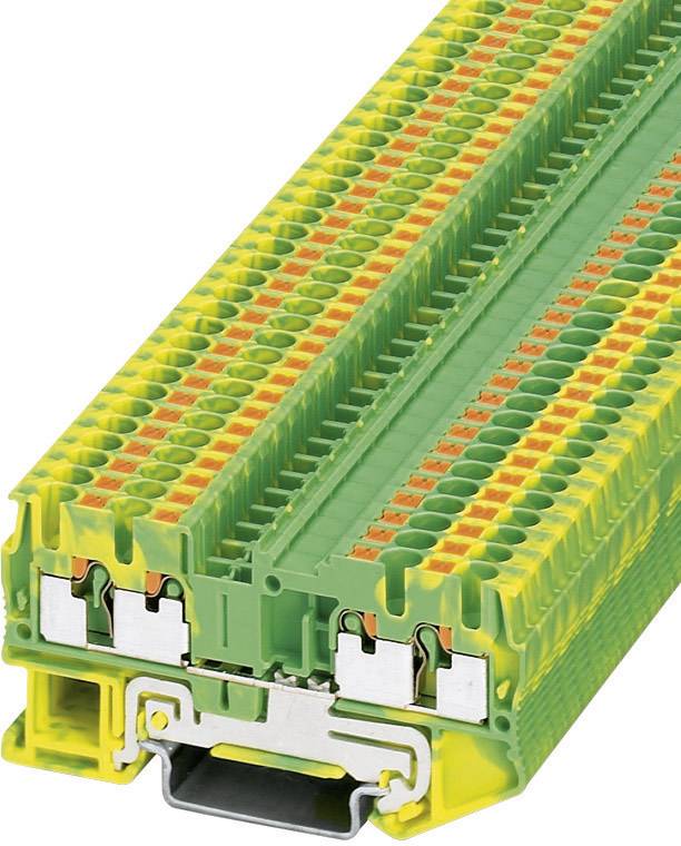 Une borne de raccordement électrique série en vert et jaune avec plusieurs points de connexion est illustrée, adaptée au câblage d'armoires électriques.