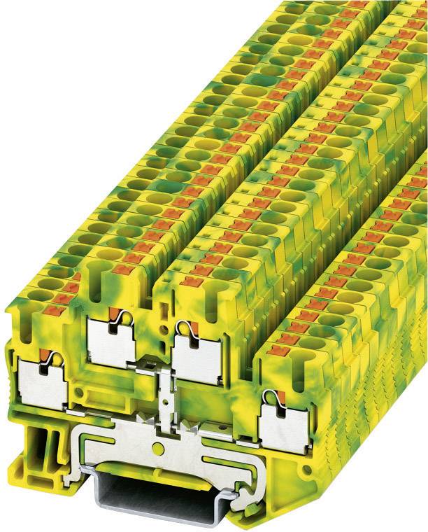 Un bloc de bornes multicouches en plastique jaune-vert, compact, conçu pour des connexions électriques dans des applications industrielles.