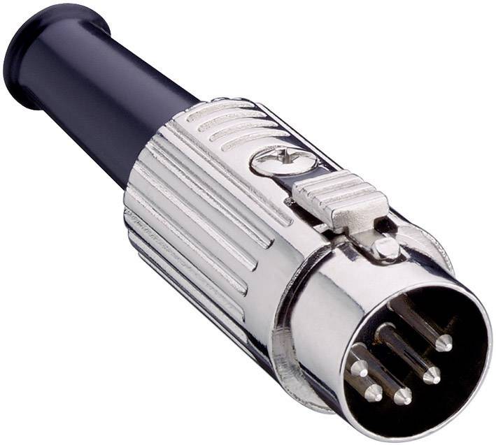 Un connecteur DIN à 5 broches avec un boîtier métallique et une poignée noire, couramment utilisé pour les connexions audio et électriques.