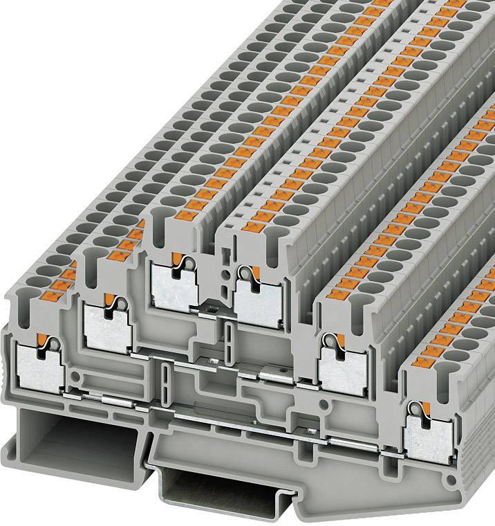 Des bornes électriques modulaires empilées, avec un boîtier gris et des contacts orange, montrent leur structure modulaire.