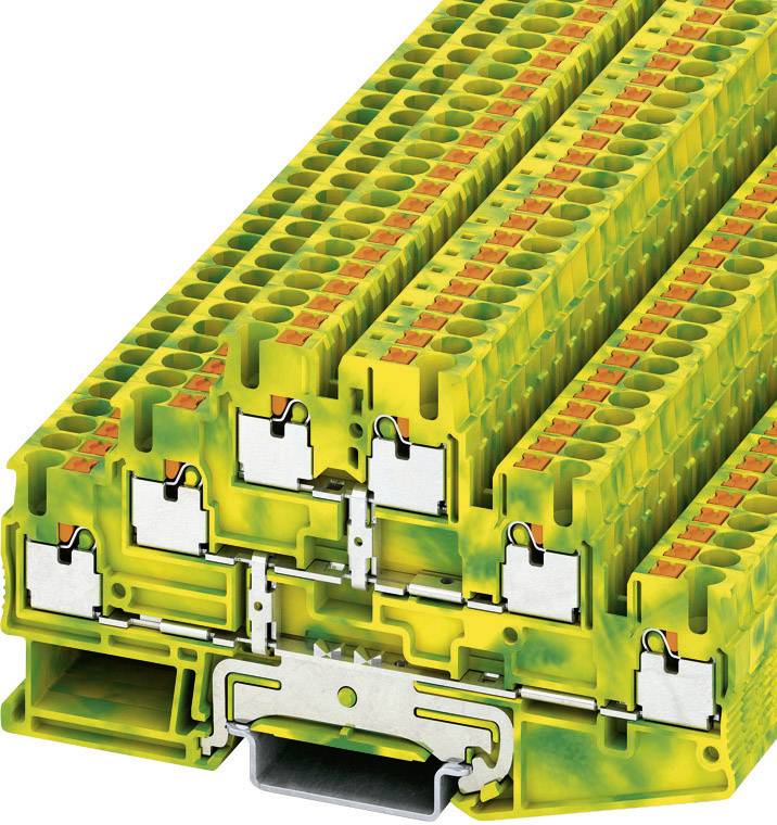 Barrette de bornes électrique de couleur jaune et verte, présentant plusieurs possibilités de connexion pour une utilisation dans des tableaux de commande ou des appareils techniques.