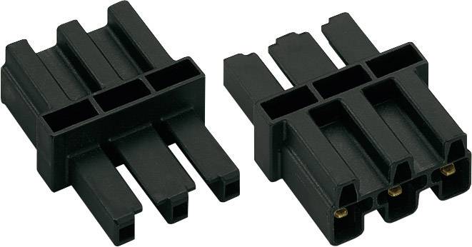 Deux fiches PCIe noires, chacune avec six broches. Elles sont représentées côte à côte, montrant leur côté de connexion.