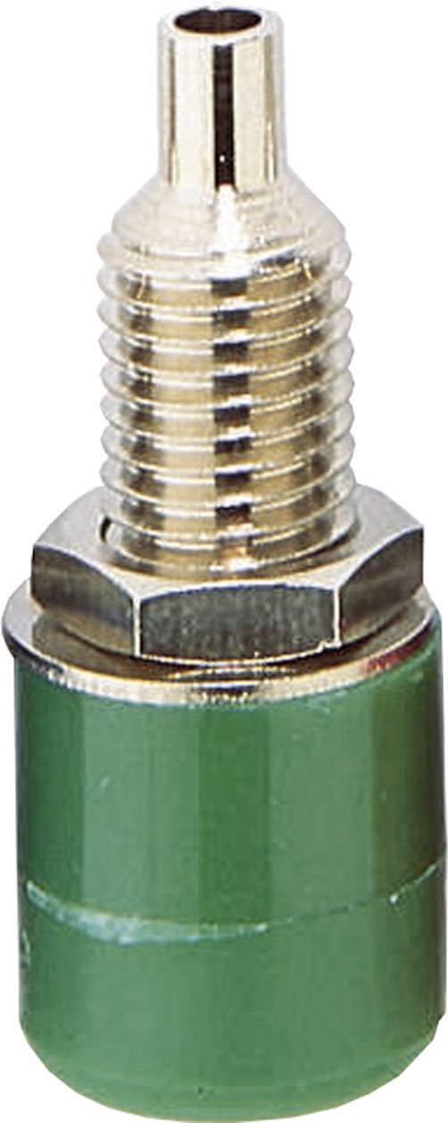 Une valve métallique avec un corps en plastique vert et une partie supérieure cannelée. Elle pourrait faire partie d'un système de pneus ou de contrôle de la pression d'air.