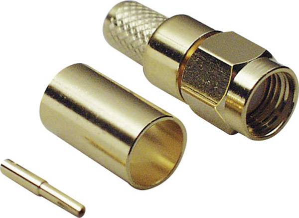 Connecteur coaxial démontable en métal : manchon, fiche et broche sont séparés. Adapté pour la connexion de câbles et d'appareils.