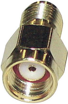 Un adaptateur de câble coaxial en métal vu de dessus, avec un point de contact central visible.
