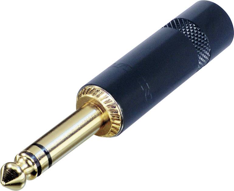 Une fiche jack stéréo avec un boîtier noir et un embout doré, typiquement utilisée pour les connexions audio dans l'équipement musical.