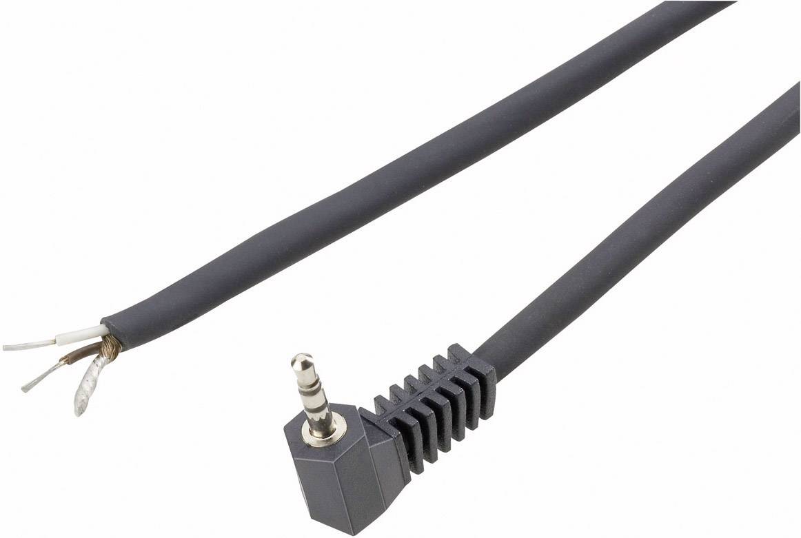 Illustration d'une fiche jack stéréo 3,5 mm coudée avec une extrémité de câble dénudée révélant le fil interne.