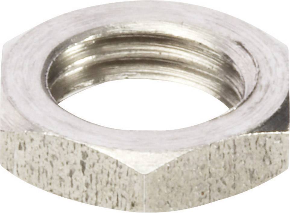 Écrou hexagonal argenté en gros plan, montrant le filetage intérieur ; élément de fixation typique pour les assemblages boulonnés.