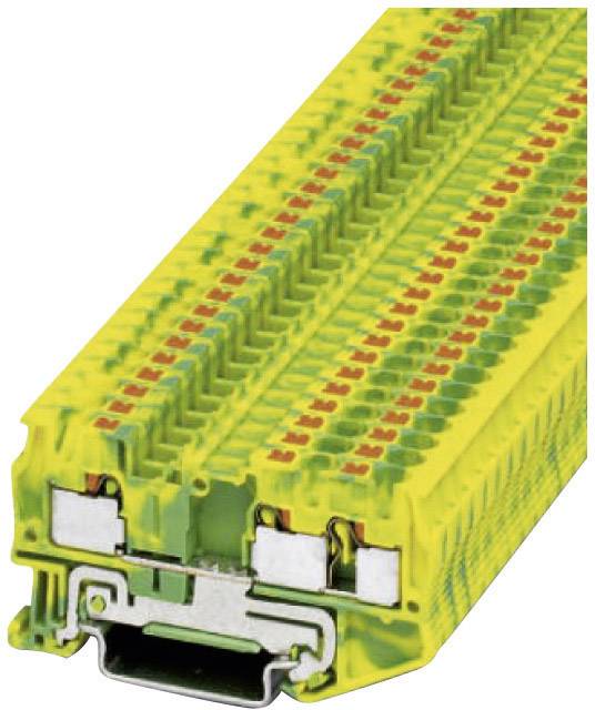 Bloc de bornes électrique en série de couleur jaune et verte, avec plusieurs points de connexion. Utilisé pour les câblages électriques.