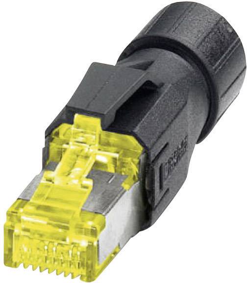 Une prise RJ45 jaune avec un boîtier noir, utilisée pour les connexions de câbles réseau dans les réseaux informatiques.