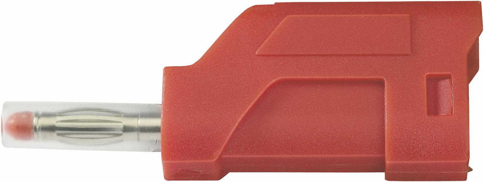Un lancet de sécurité rouge avec une fine tige métallique et une pointe transparente, à usage unique en diagnostique médicale.