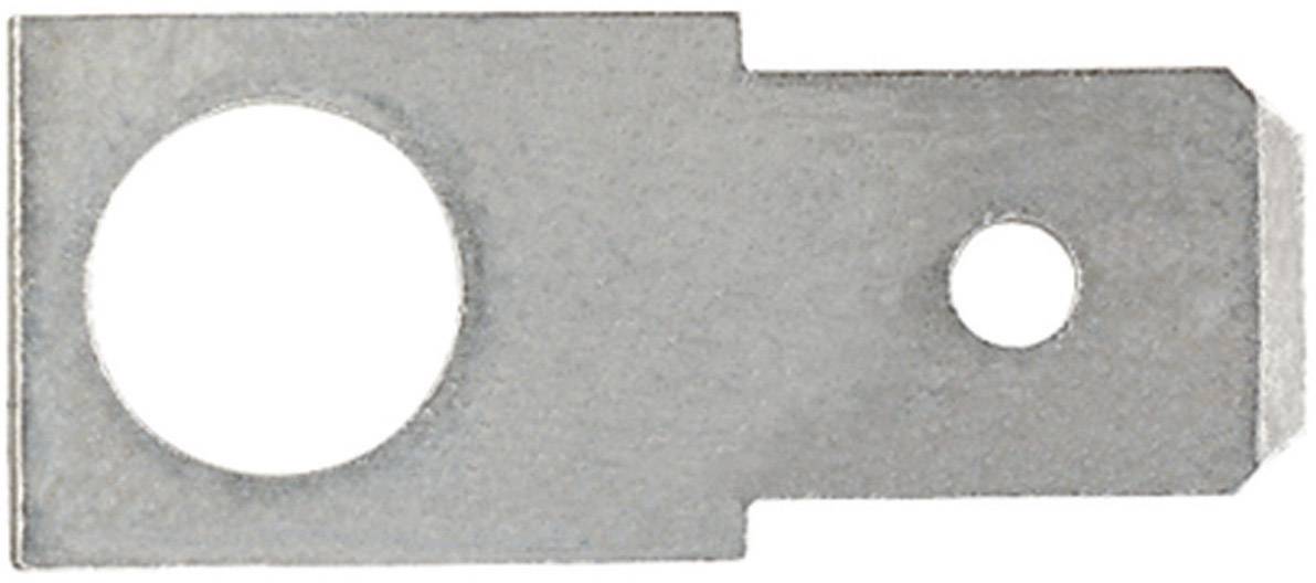 Un bornier plat en métal avec deux trous ronds de différents diamètres, adapté pour les connexions électriques.