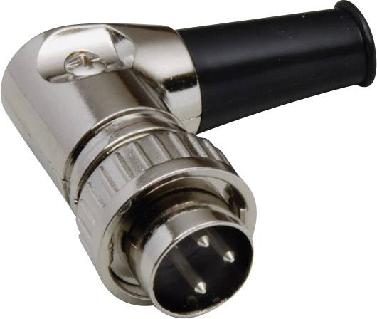 Un connecteur d'angle argenté avec une poignée noire, comportant quatre broches et utilisé pour des connexions audio ou électroniques.