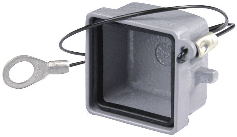 Boîtier métallique gris, anguleux, avec un câble noir et un anneau de fixation. Adapté pour les connexions électriques.