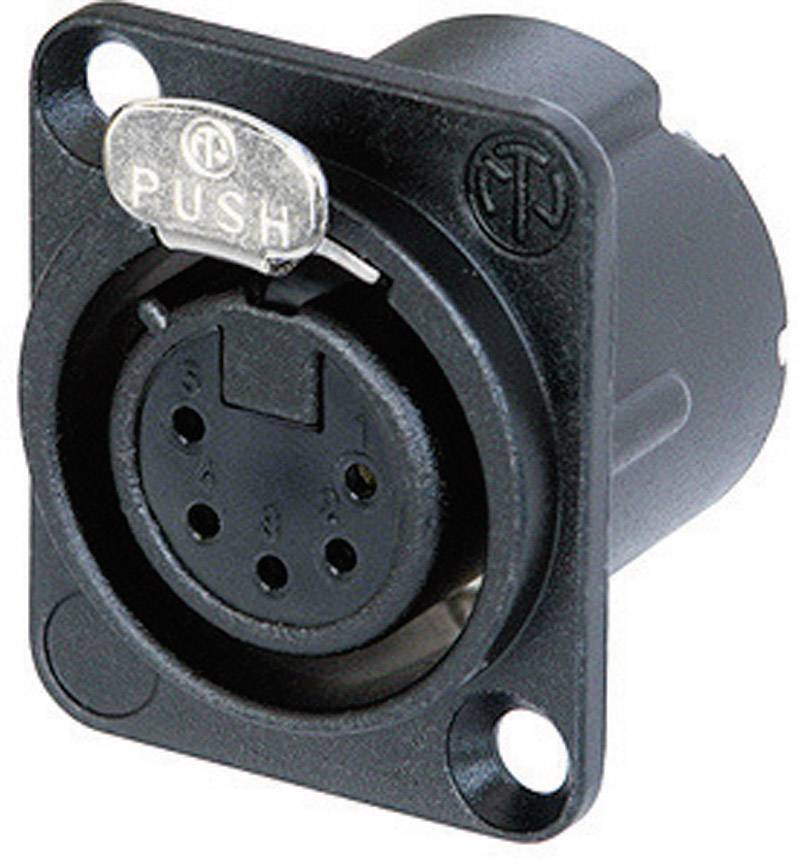 Un connecteur XLR noir à 5 broches avec un boîtier circulaire et un bouton poussoir argenté 'PUSH' sur le dessus.