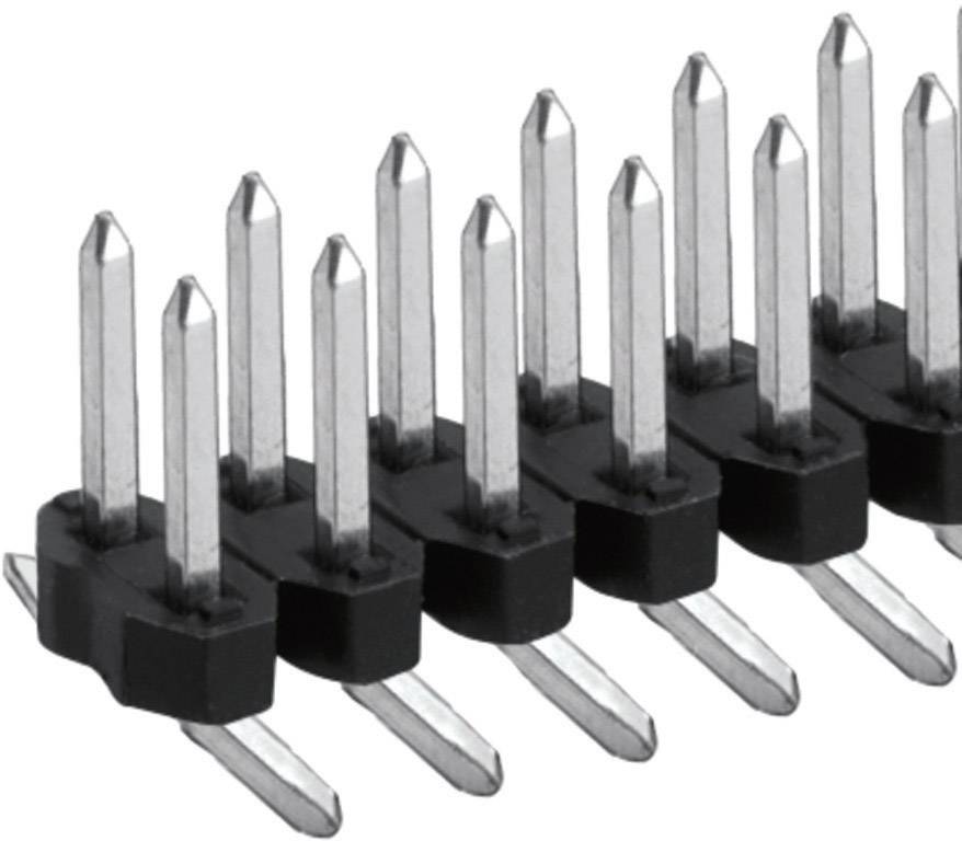 Un connecteur noir en plastique avec deux rangées de broches métalliques pointant verticalement, sur un fond blanc.