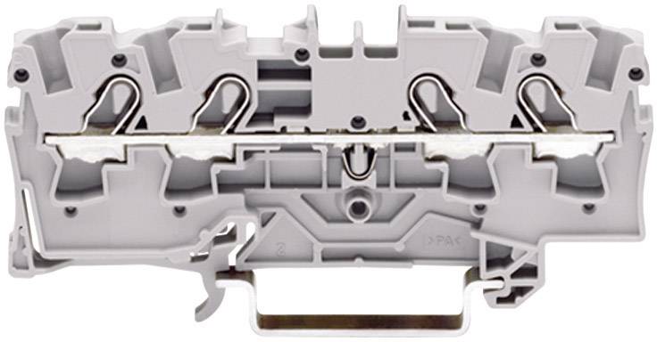 Barrette de bornes électrique grise avec connexions métalliques et boîtier en plastique, utilisée pour le câblage dans les armoires électriques.