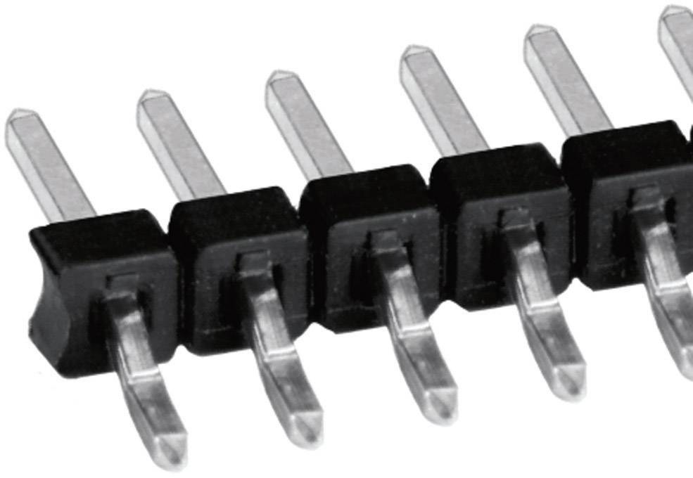 Rangée de broches métalliques avec base en plastique noir, utilisées comme fiches électroniques ou connecteurs dans des circuits.
