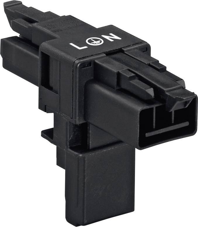 Connecteur électrique noir en plastique avec surface supérieure marquée 'L', 'N', et symbole de mise à la terre. Adapté pour les connexions de câbles.