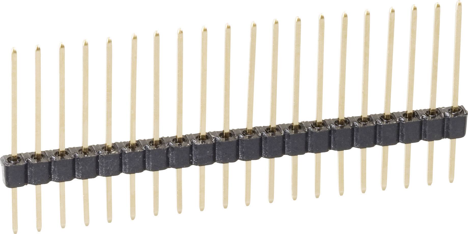 Une rangée droite de barrettes de broches dorées sur une base noire, utilisée pour connecter des composants électroniques.