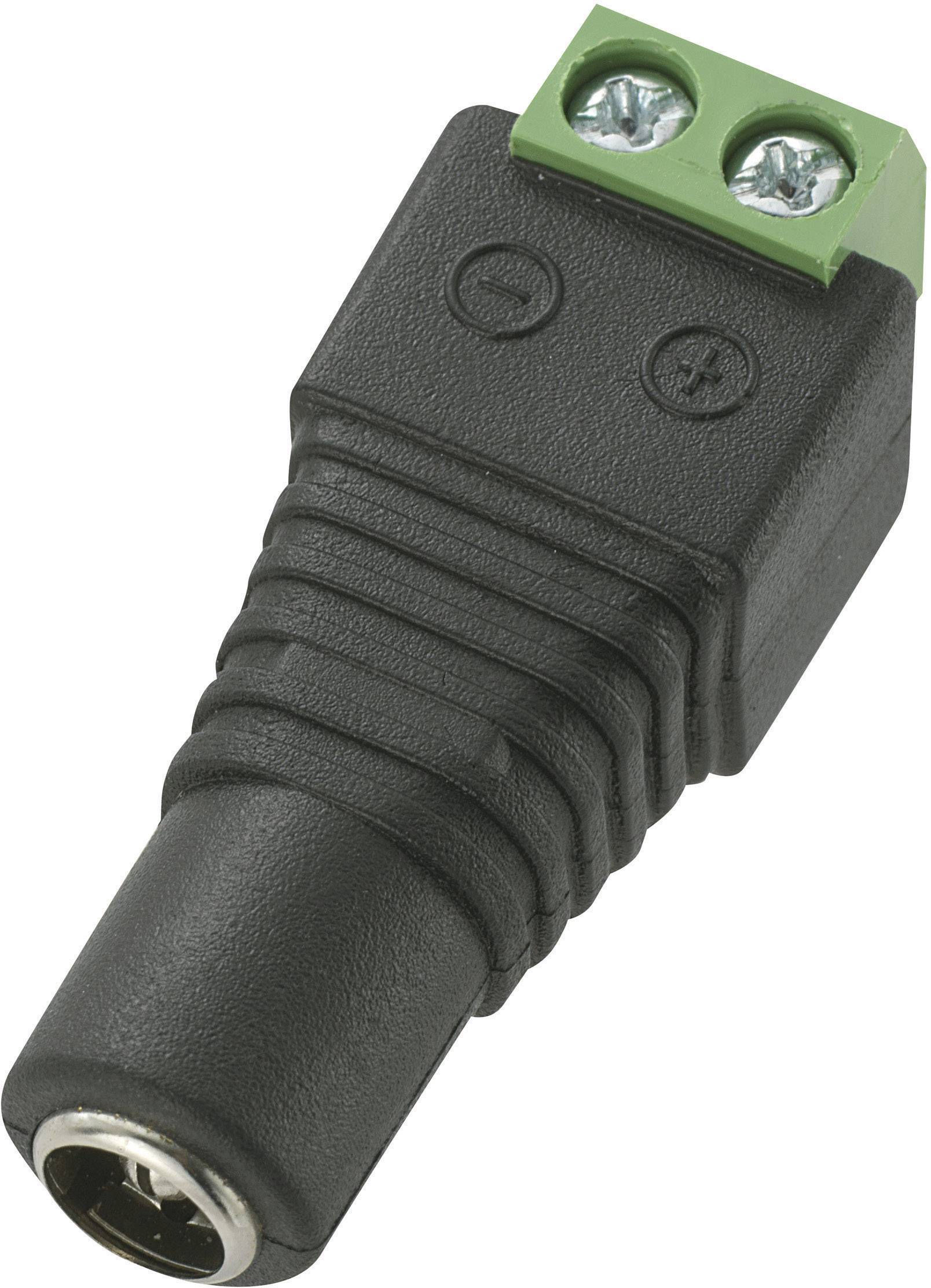 Adaptateur DC noir avec connexion à vis verte en haut.