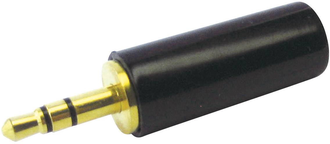 Un adaptateur jack 3,5 mm avec connecteur doré et boîtier en plastique noir.
