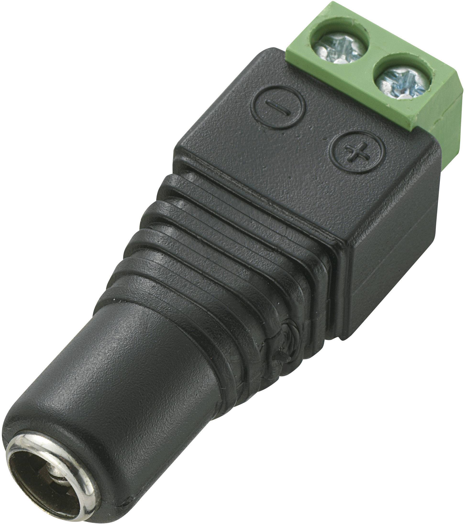Un connecteur DC noir avec deux bornes, une positive et une négative, pour la connexion simple des fils.