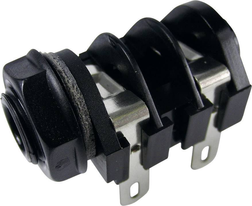 Un interrupteur basculant électrique isolé avec trois bornes métalliques et un boîtier noir, utilisé pour contrôler des circuits électriques.