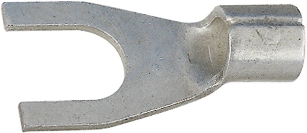Cosse de câble métallique en forme de fourche, utilisée pour raccorder de manière sécurisée des câbles électriques aux bornes.