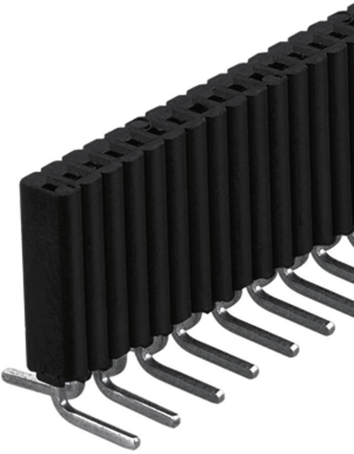 Un connecteur à broches noir avec des broches métalliques courbes sur plusieurs rangées, utilisé pour des connexions électroniques.
