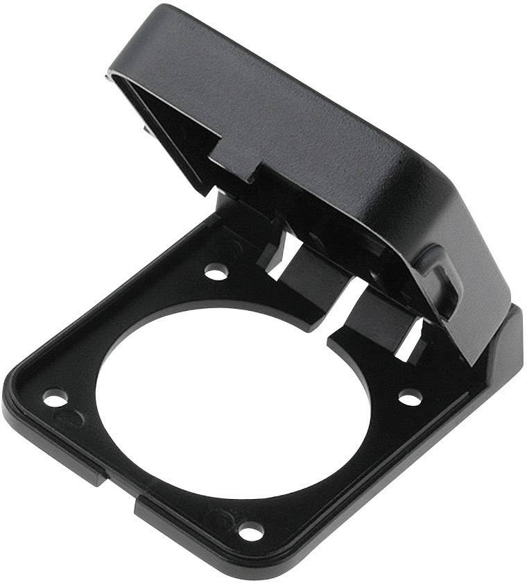 Boîtier en plastique noir avec une découpe circulaire centrale et un couvercle rabattable, adapté pour le maintien et la protection.