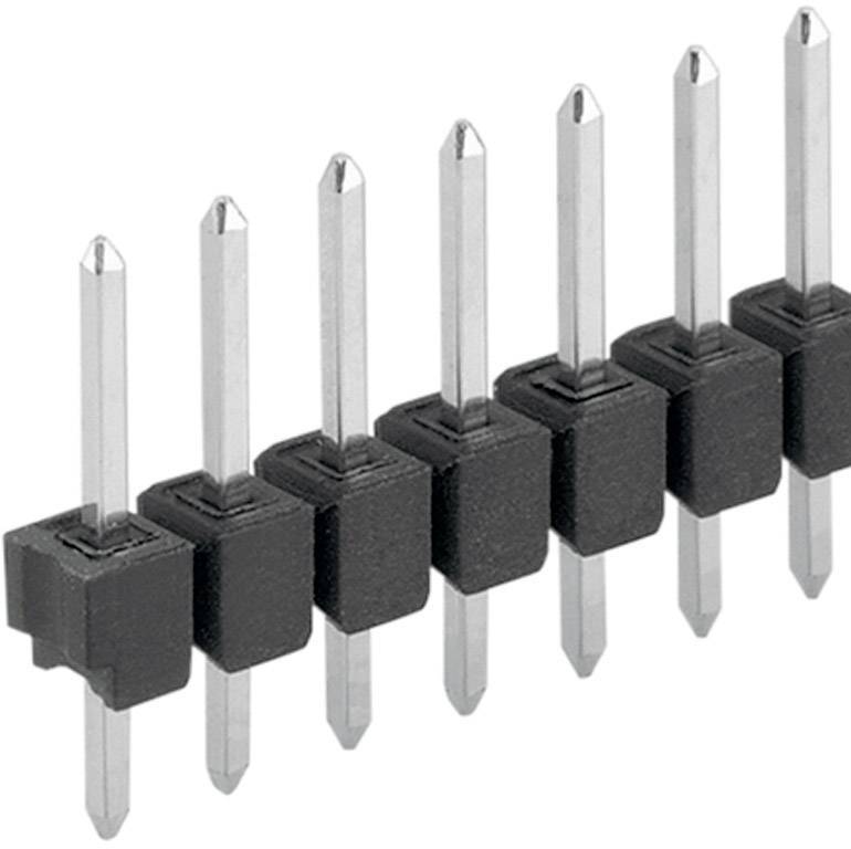 Plusieurs broches droites, disposées verticalement et séparées par des supports en plastique noir, adaptées aux connexions électroniques.