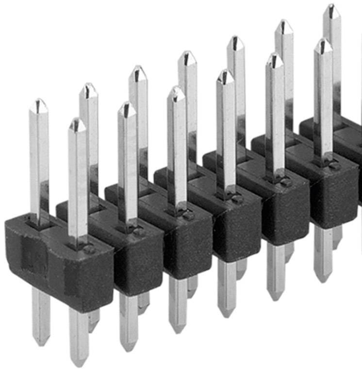 Barrette à broches noir et argent avec deux rangées de broches métalliques pointues, utilisée pour les connexions électriques dans les circuits électroniques.
