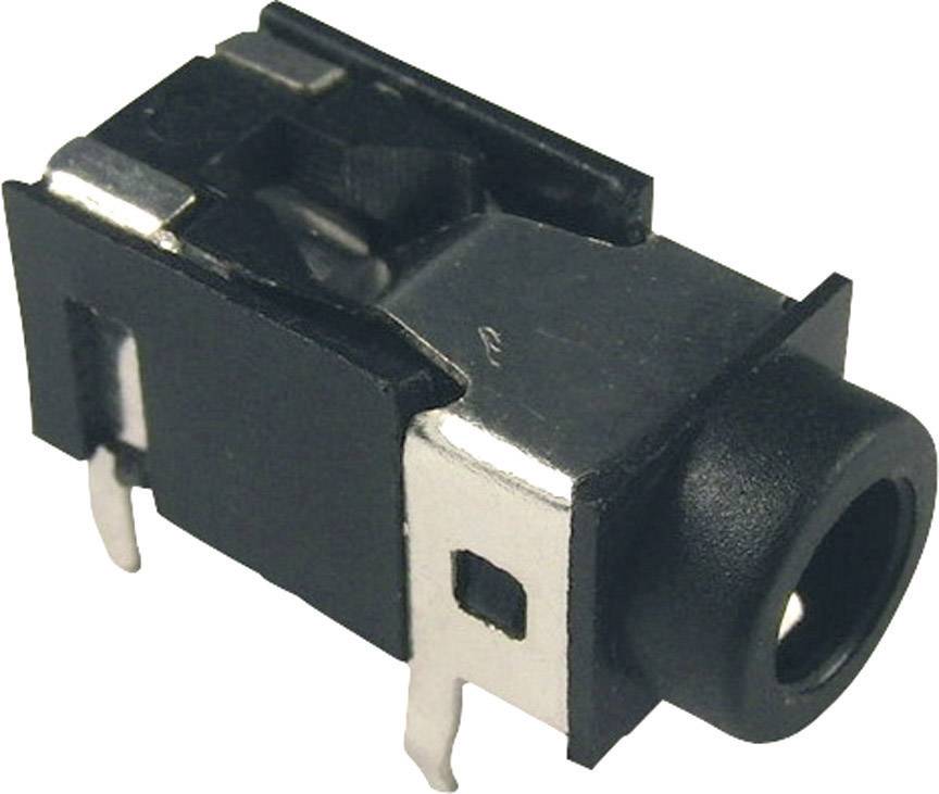 Prise audio noire et argentée, rectangulaire, avec plusieurs connexions métalliques pour montage sur circuit imprimé.