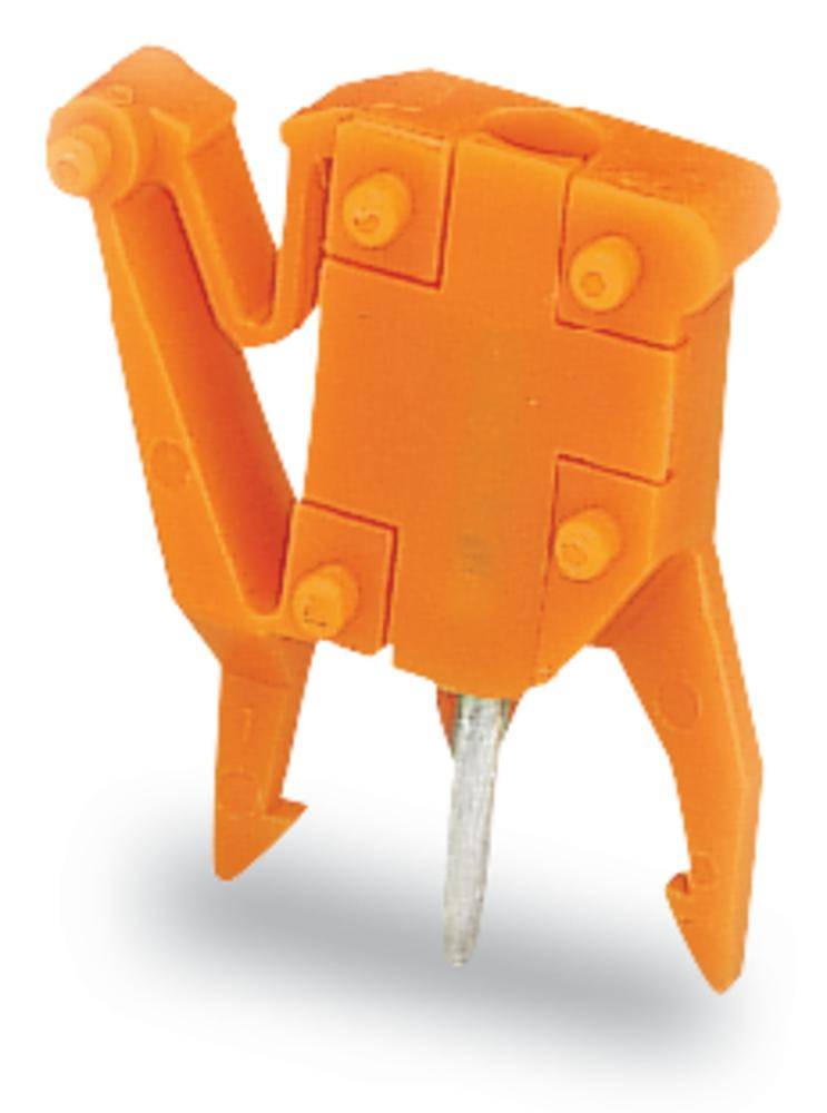 Un élément de fixation en plastique orange avec une tige métallique en son centre.