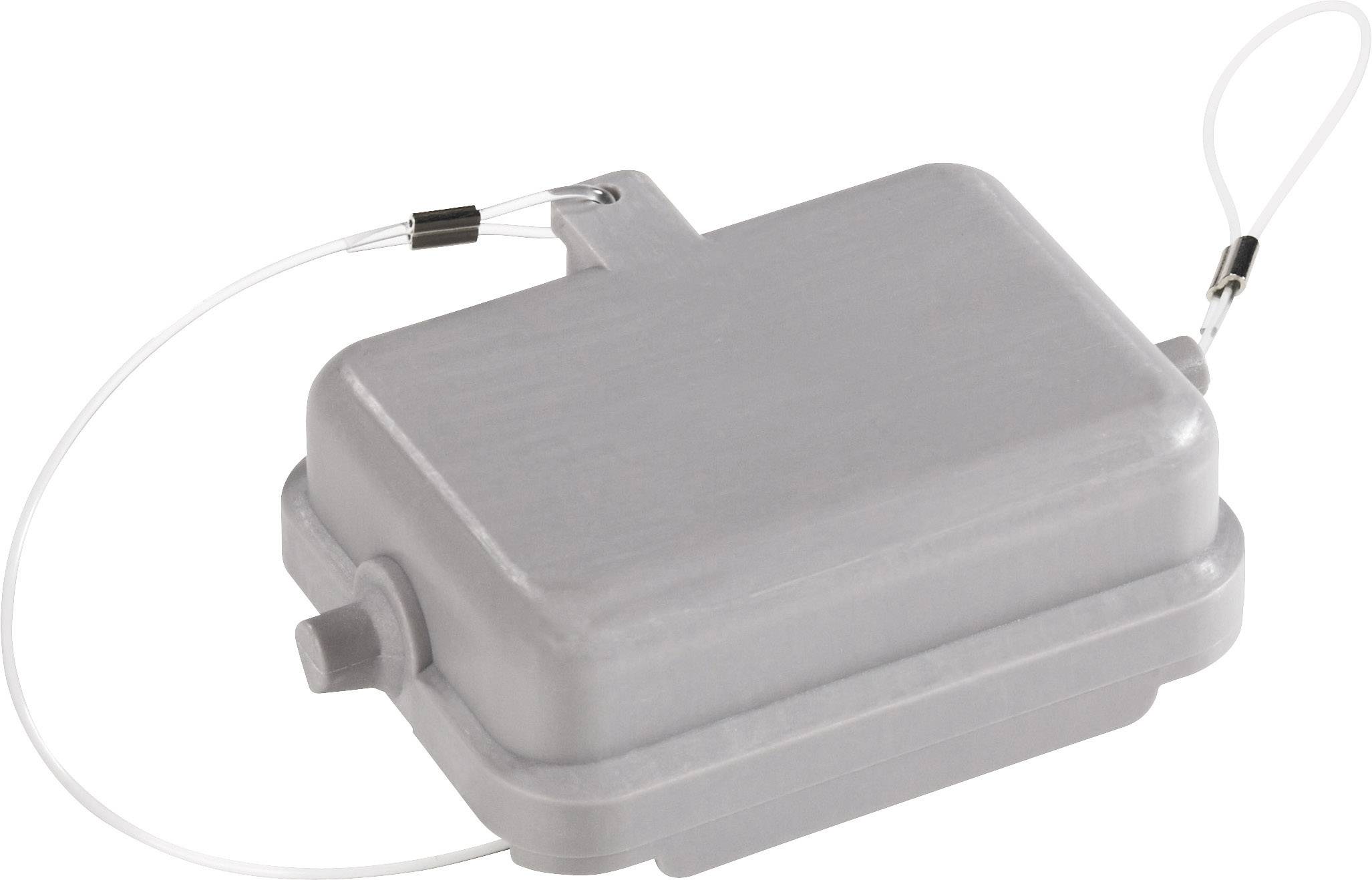 Un boîtier de protection gris rectangulaire avec connexion latérale pour câbles et boucle de sécurité, conçu pour une utilisation en extérieur.