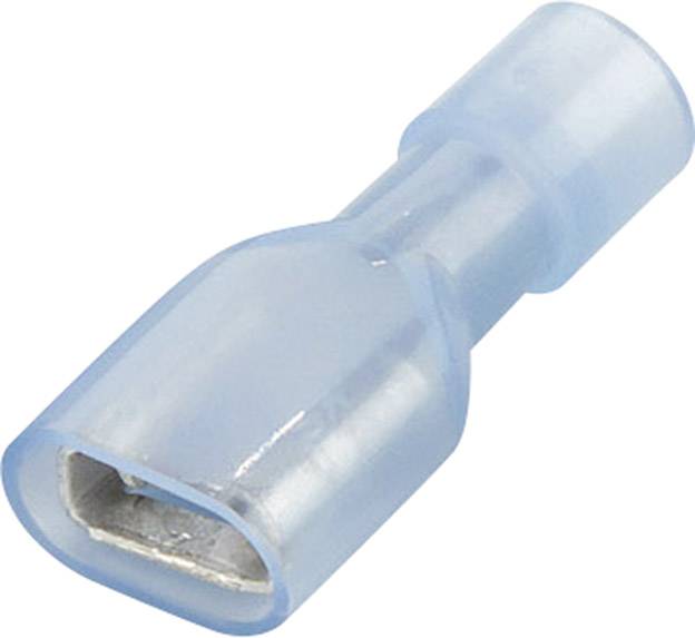 Un embout de câble bleu isolé, de type mâle, sous forme de connecteur plat. Adapté pour les connexions électriques.