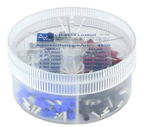 Boîte ronde en plastique contenant différentes manchons de câble de couleurs, étiquetée avec des tailles et des quantités. Comprend des manchons bleus, rouges et noirs.