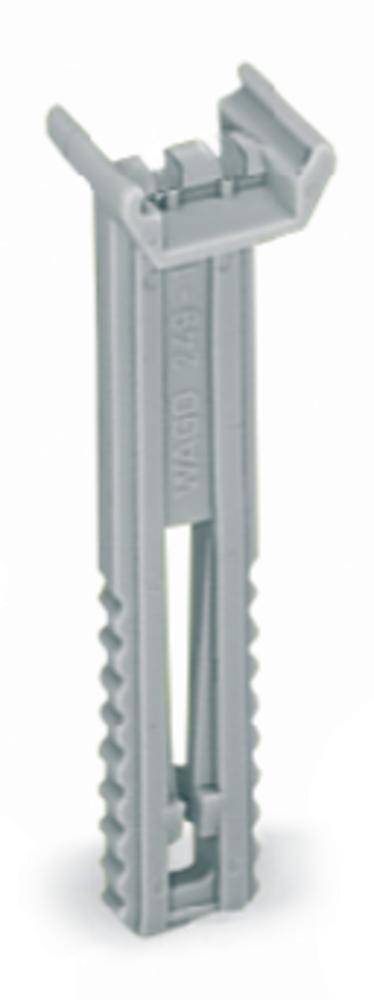 Cheville en plastique grise de design long et étroit, à tige striée et crochet rabattable à l'extrémité supérieure.