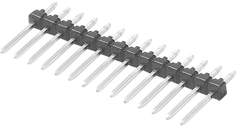 Un connecteur mâle à 14 broches, noir, avec des broches métalliques longues, utilisé dans des circuits électriques ou électroniques.