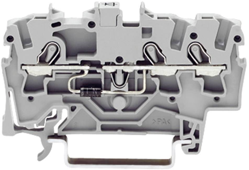Bloc de connexion électrique gris-blanc avec des bornes métalliques et des vis pour raccorder des câbles dans les armoires électriques.