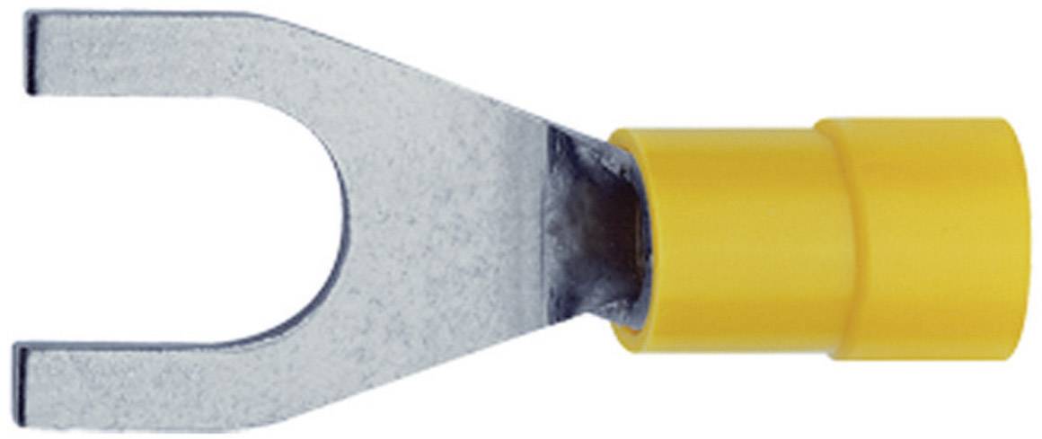 L'image montre un cosse de câble isolée en jaune, de forme fourche, utilisée pour les connexions électriques.