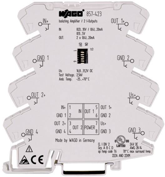 Un amplificateur isolateur à 1-2 canaux, type WAGO 857-423, pour applications industrielles. Adapté pour des tensions de 16,8-31,2 VDC.
