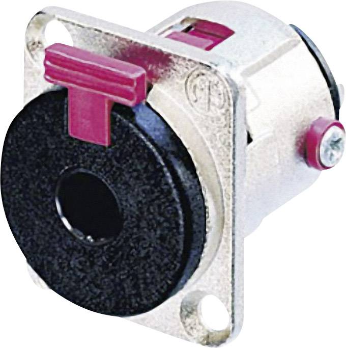 'Interrupteur de verrouillage rouge, boîtier métallique cylindrique, ouverture noire, adapté pour l'installation dans des appareils ou des machines.'