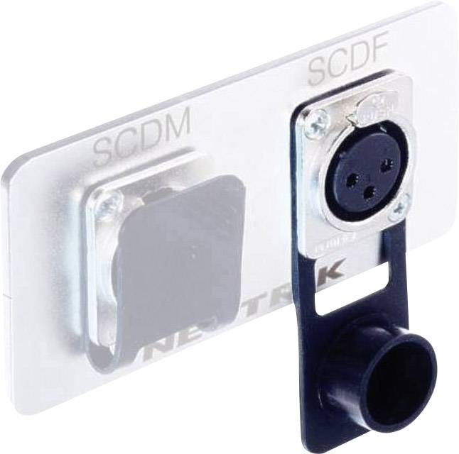 Plaque de connexion pour prise XLR, avec marquage 'SCDM' et 'SCDF'. Comprend une embase ronde et un capot de protection noir.