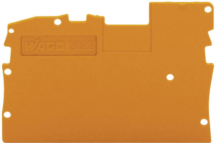 Partie en plastique orange portant l'inscription 'WAGO 2022', présentant plusieurs trous, probablement destinés à des connexions électriques.