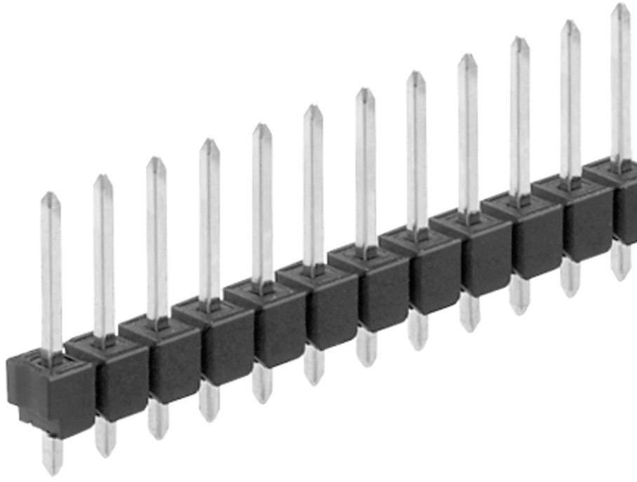 Rangée de broches métalliques droites fixées dans une base en plastique noir, typique des connexions électroniques.