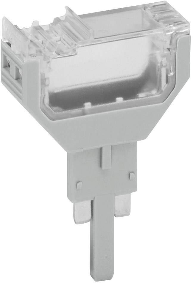 Un connecteur gris avec un couvercle supérieur transparent, adapté aux connexions électriques dans les appareils techniques.