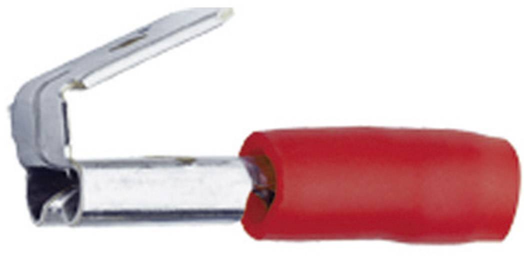 Un cosse de câble rouge en forme de trompette avec raccord métallique coudé pour la connexion de câbles dans des applications électriques.
